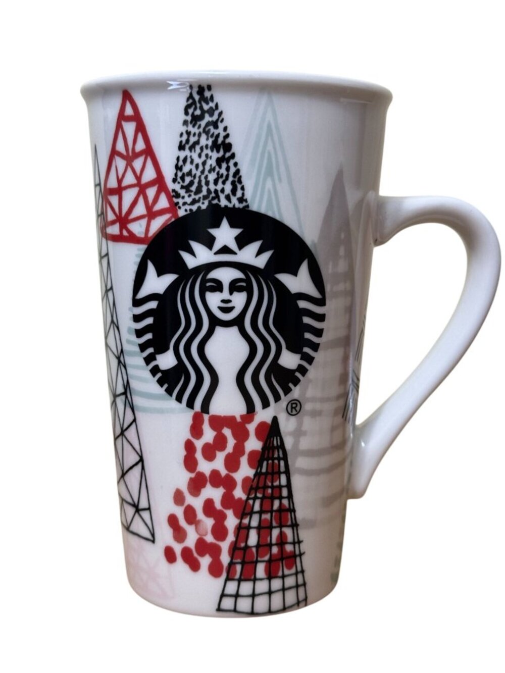 Starbucks Coffee Tea Mug 16oz White Multicolor Holiday Geometric Trees Tall Logo